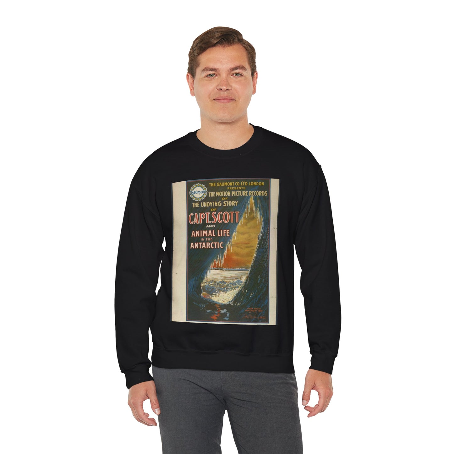 The Gaumont Co. L'T'D. London presents the motion picture records of the undying story of Capt. Scott and animal life in the Antarctic / The Morgan Lith. Co., Cleveland, O. Black Heavy Blend Adult Crew Neck SweatShirt