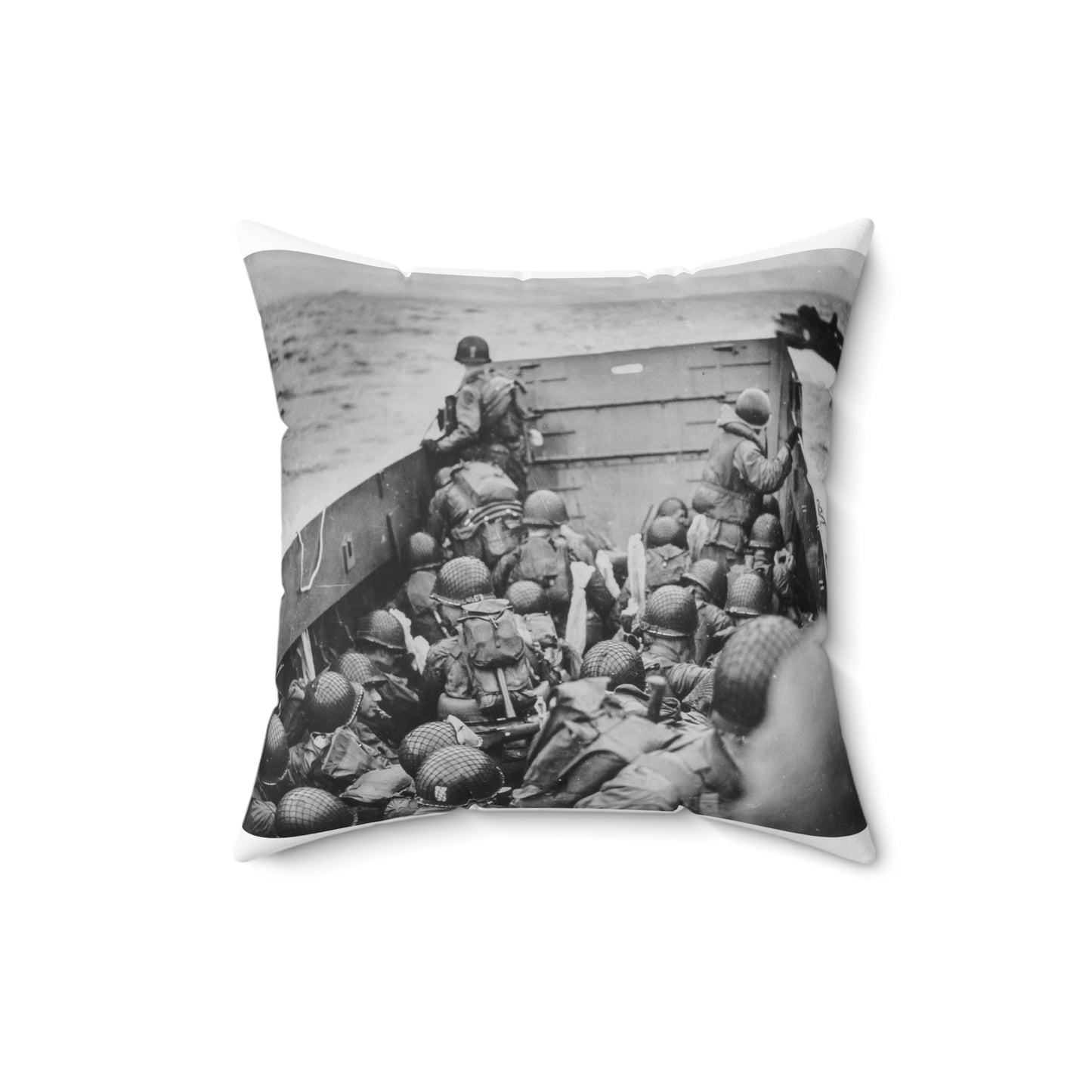 Photograph of Soldiers Crouching Behind the Bulwarks of a Coast Guard Landing Barge Decorative Accent Square Pillow