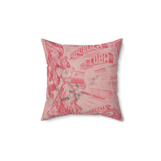 Frimärke ur Gösta Bodmans filatelistiska motivsamling, påbörjad 1950.Frimärke från Cuba, 1948. Motiv av kvinnosymbol för friheten med cigrarrlåda och flagga. Decorative Accent Square Pillow