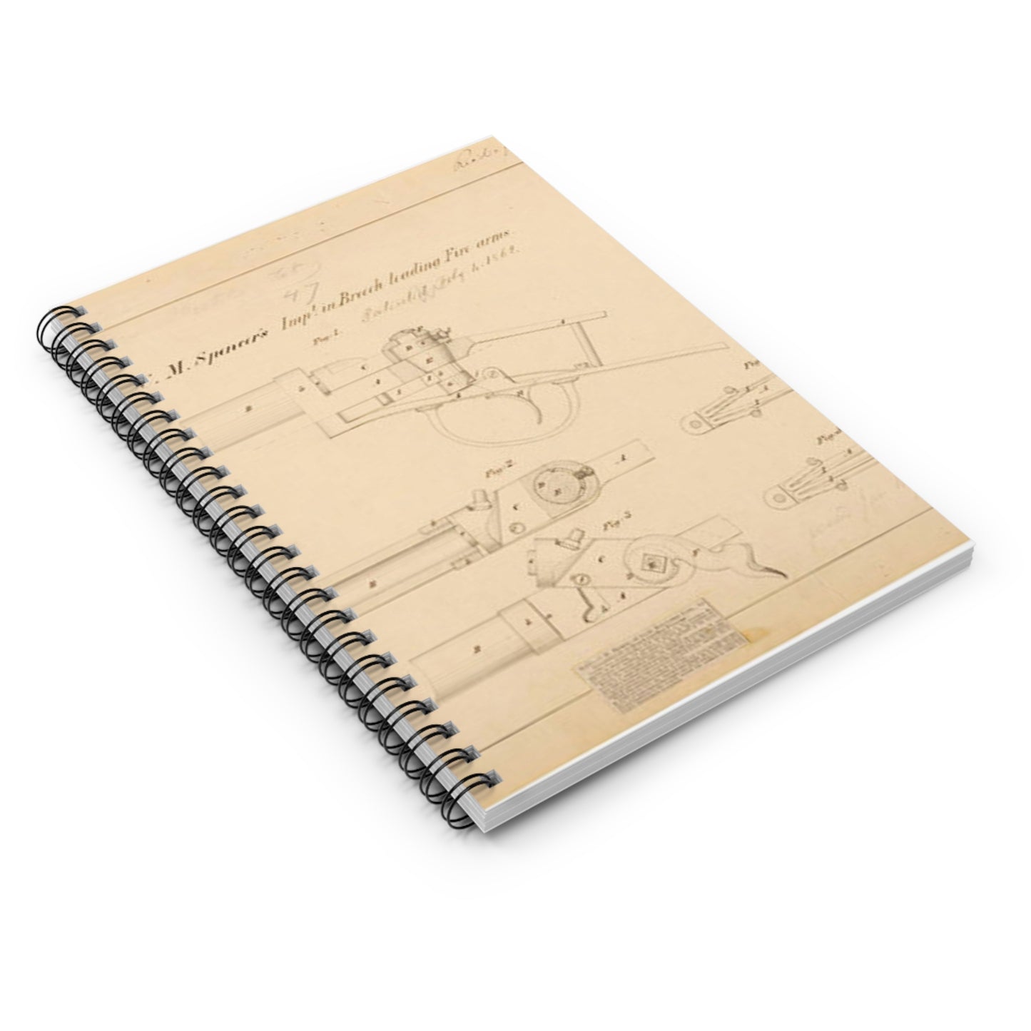 Patent Drawing of Engine - Drawing of Improvements in Breech Loading Fire Arms Public domain  image Spiral Bound Ruled Notebook with Printed Cover