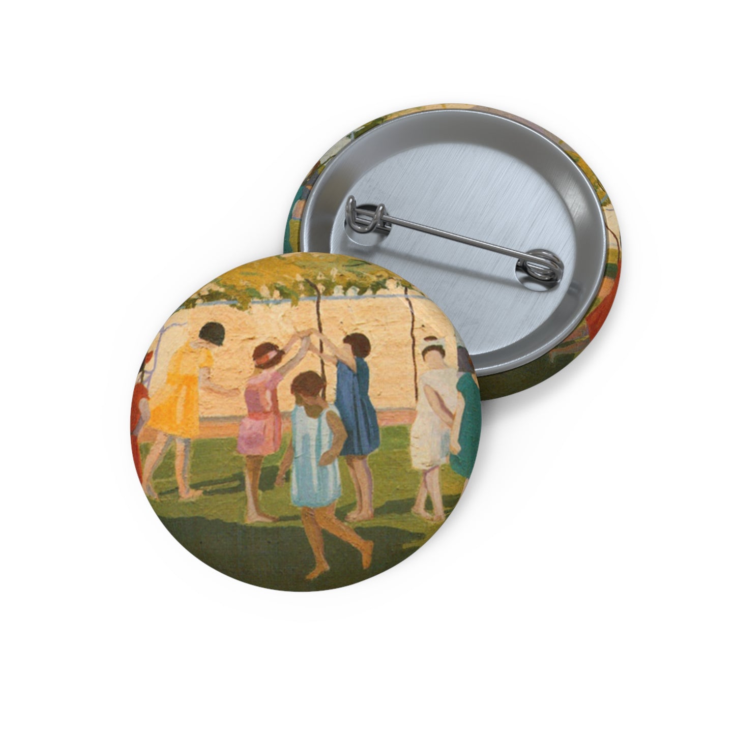 Petrona Viera - A painting of a group of children playing with a kite Pin Buttons with Crisp Design