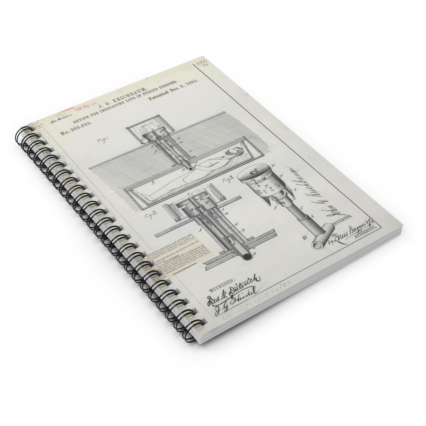 Patent drawing - for J. G. Krichbaum's Device for Indicating Life in Buried Persons Public domain  image Spiral Bound Ruled Notebook with Printed Cover