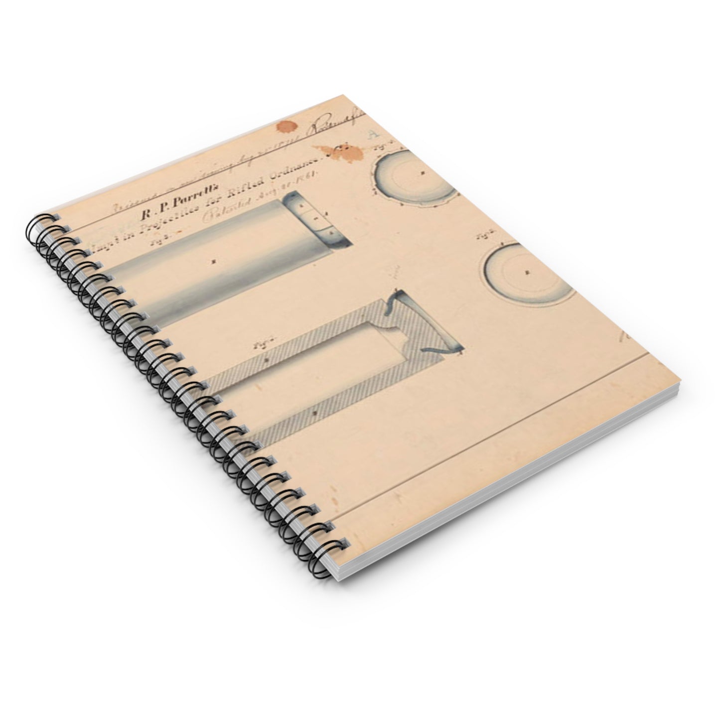 Patent drawing - Drawing of Improvement in Projectiles for Rifled Ordnance Public domain  image Spiral Bound Ruled Notebook with Printed Cover