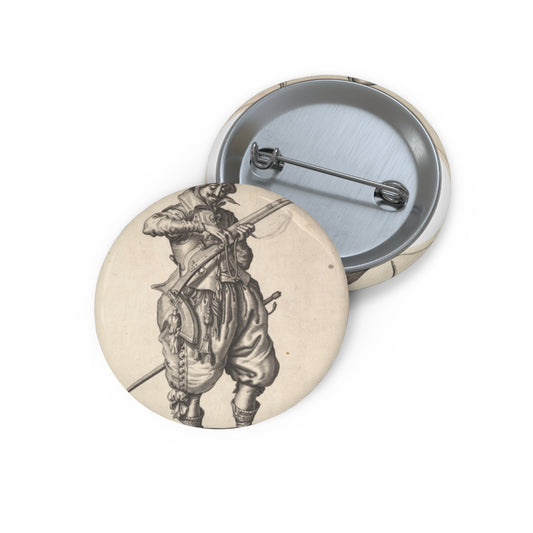 A soldier on guard shaping the match between his thumb and his forefinger, from the Marksmen series, plate 41, in Wapenhandelinghe van Roers Musquetten Ende Spiessen (The Exercise of Arms) Pin Buttons with Crisp Design