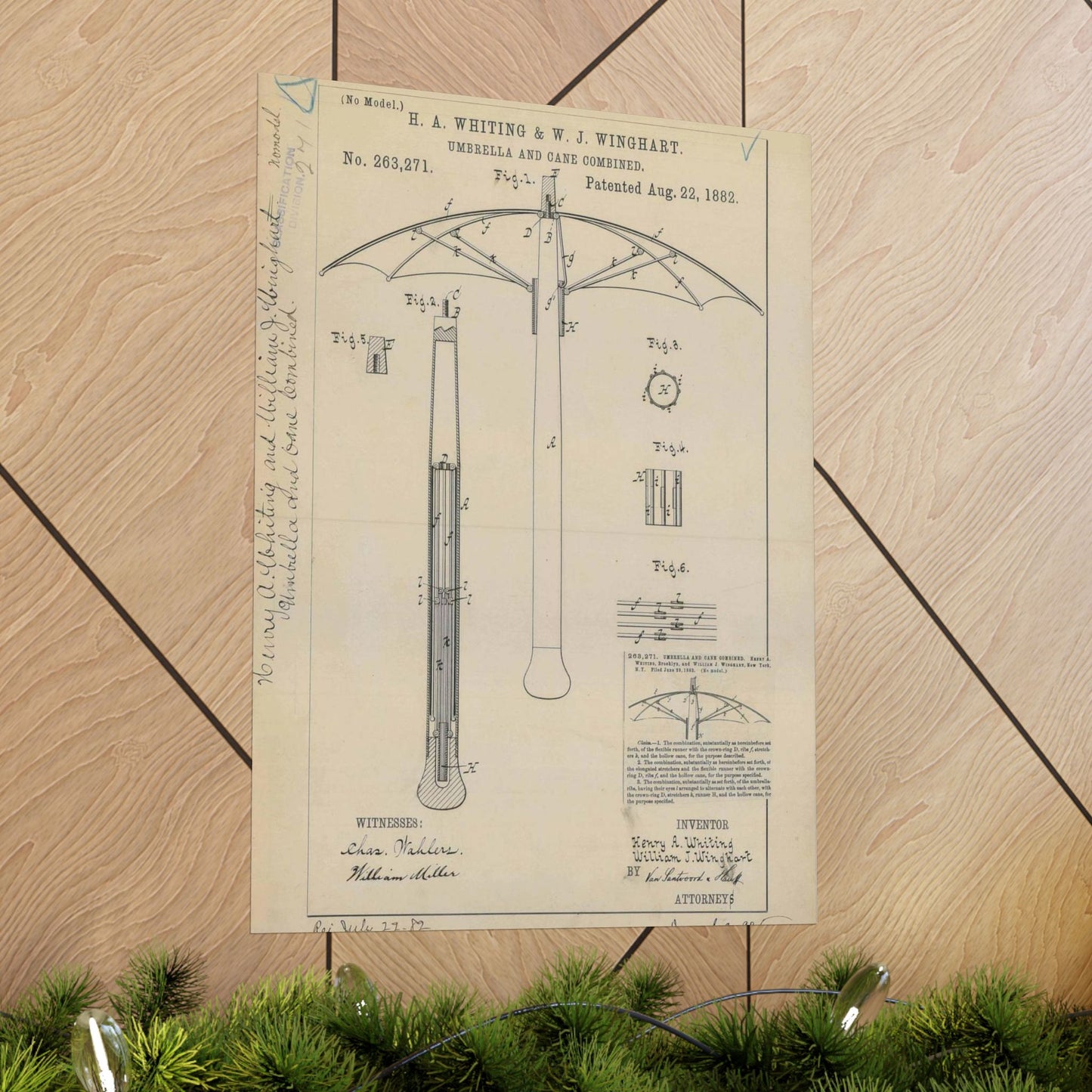 Patent drawing - for H. A. Whiting and W. J. Winghart's Umbrella and Cane Combined Public domain  image High Quality Matte Wall Art Poster for Home, Office, Classroom