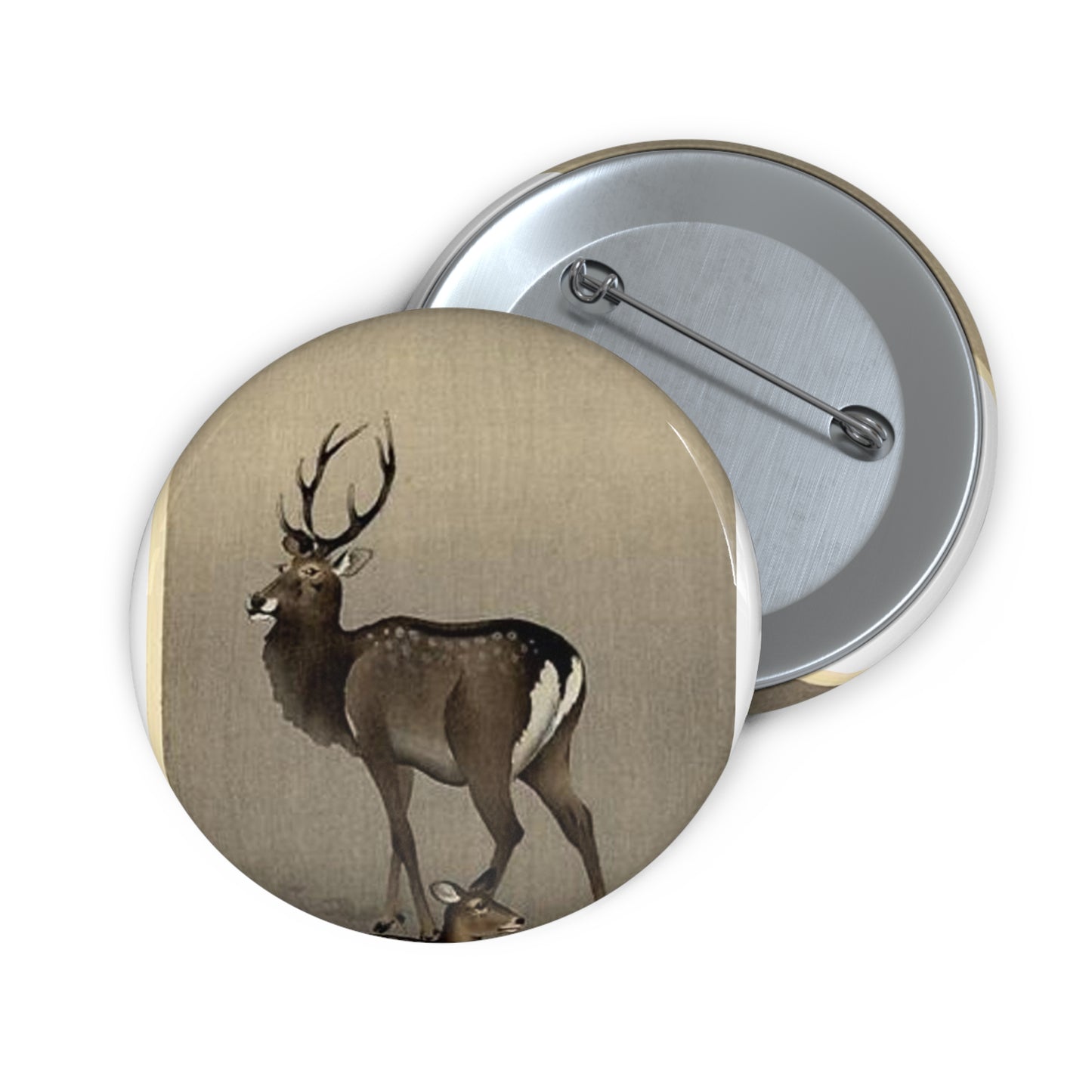 Koson - stag-and-recumbent-doe, Ohara Koson Pin Buttons with Crisp Design