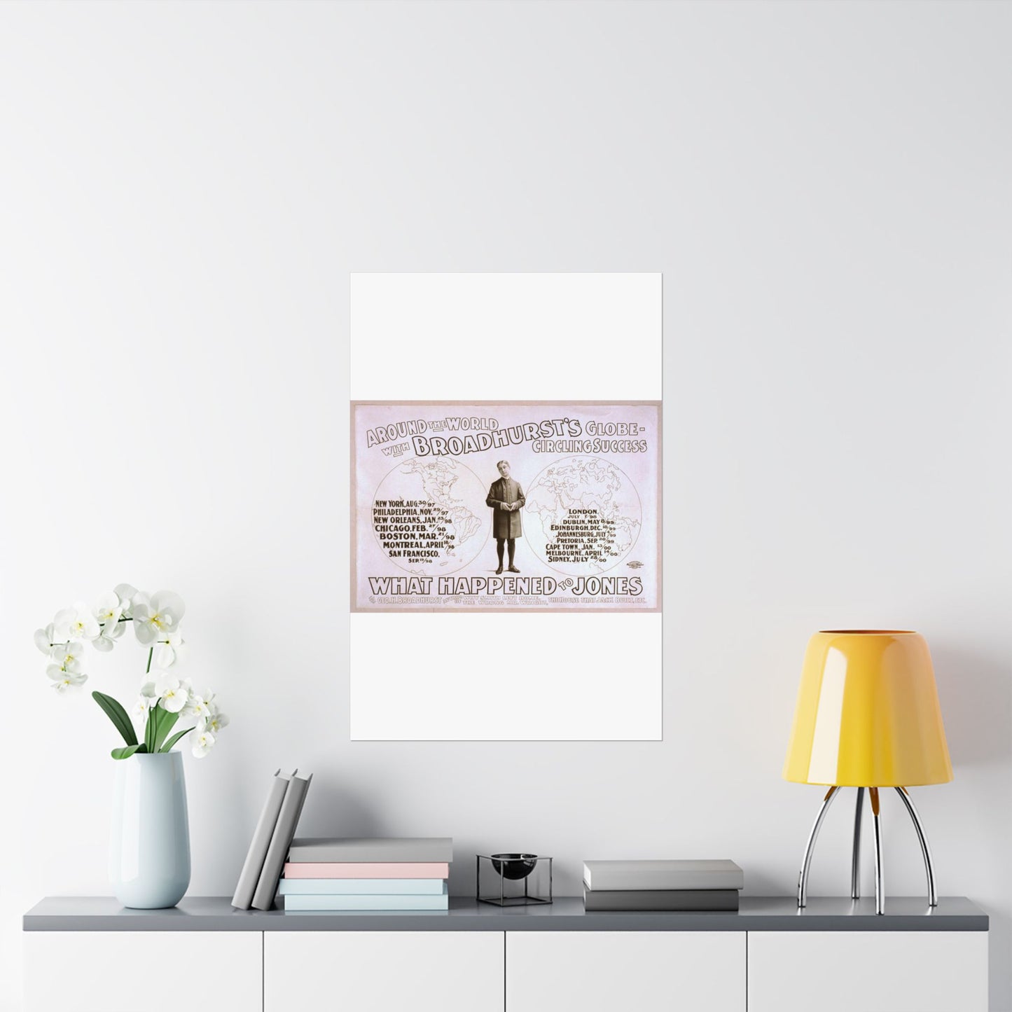 Around the world with Broadhurst's globe-circling success, What happened to Jones by George H. Broadhurst, author of Why Smith left home, The wrong Mr. Wright, The house that Jack built, etc. High Quality Matte Wall Art Poster for Home, Office, Classroom