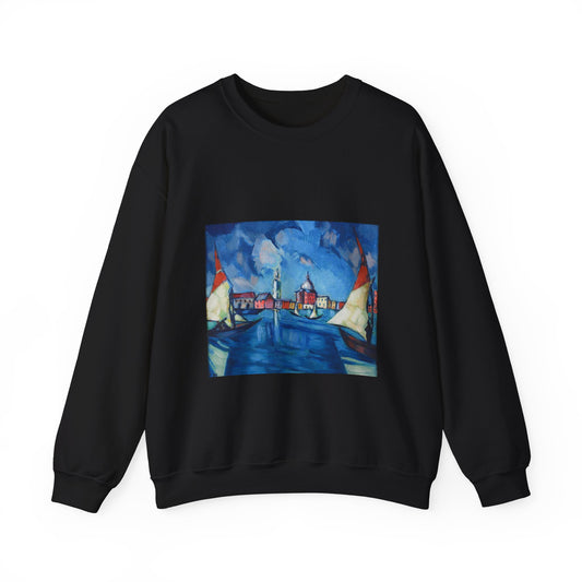 Magi veneetsia - A painting of boats in a harbor with buildings in the background Black Heavy Blend Adult Crew Neck SweatShirt
