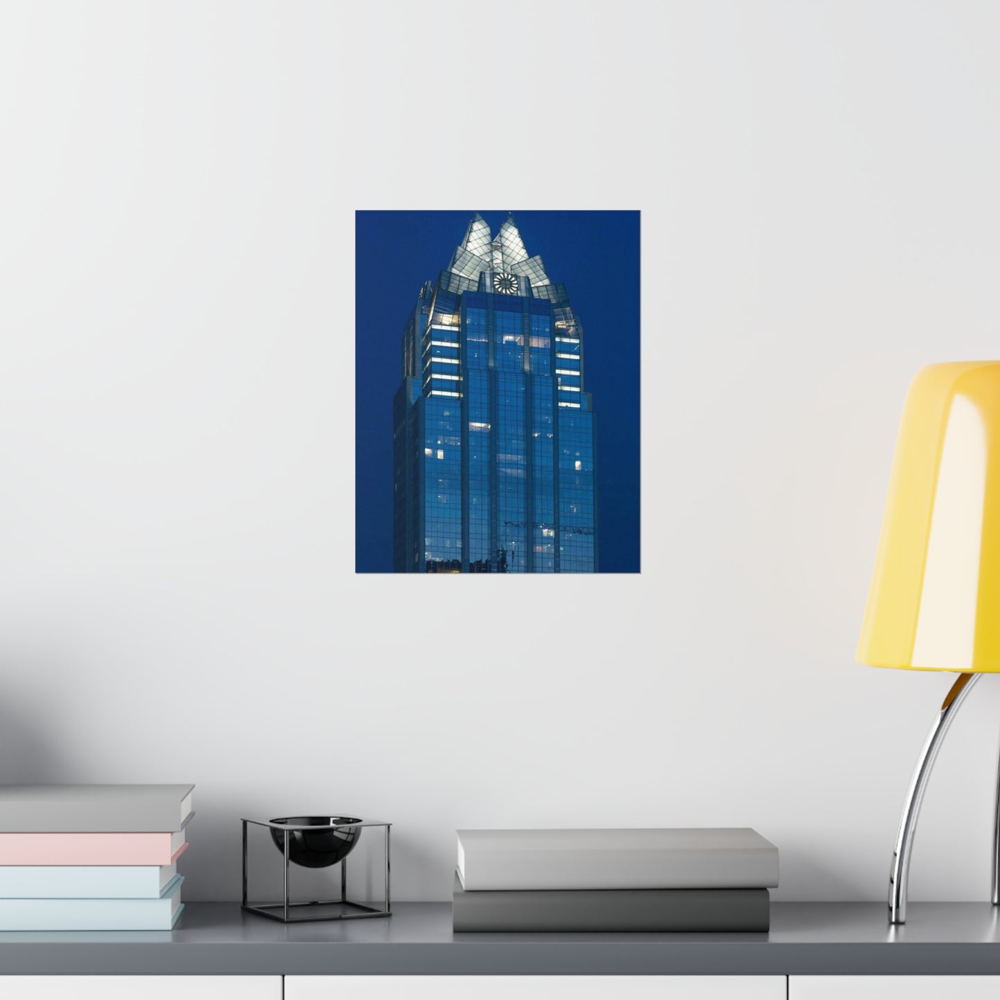 The upper reaches of Frost Bank Tower, a prominent Austin, Texas, skyscraper High Quality Matte Wall Art Poster for Home, Office, Classroom