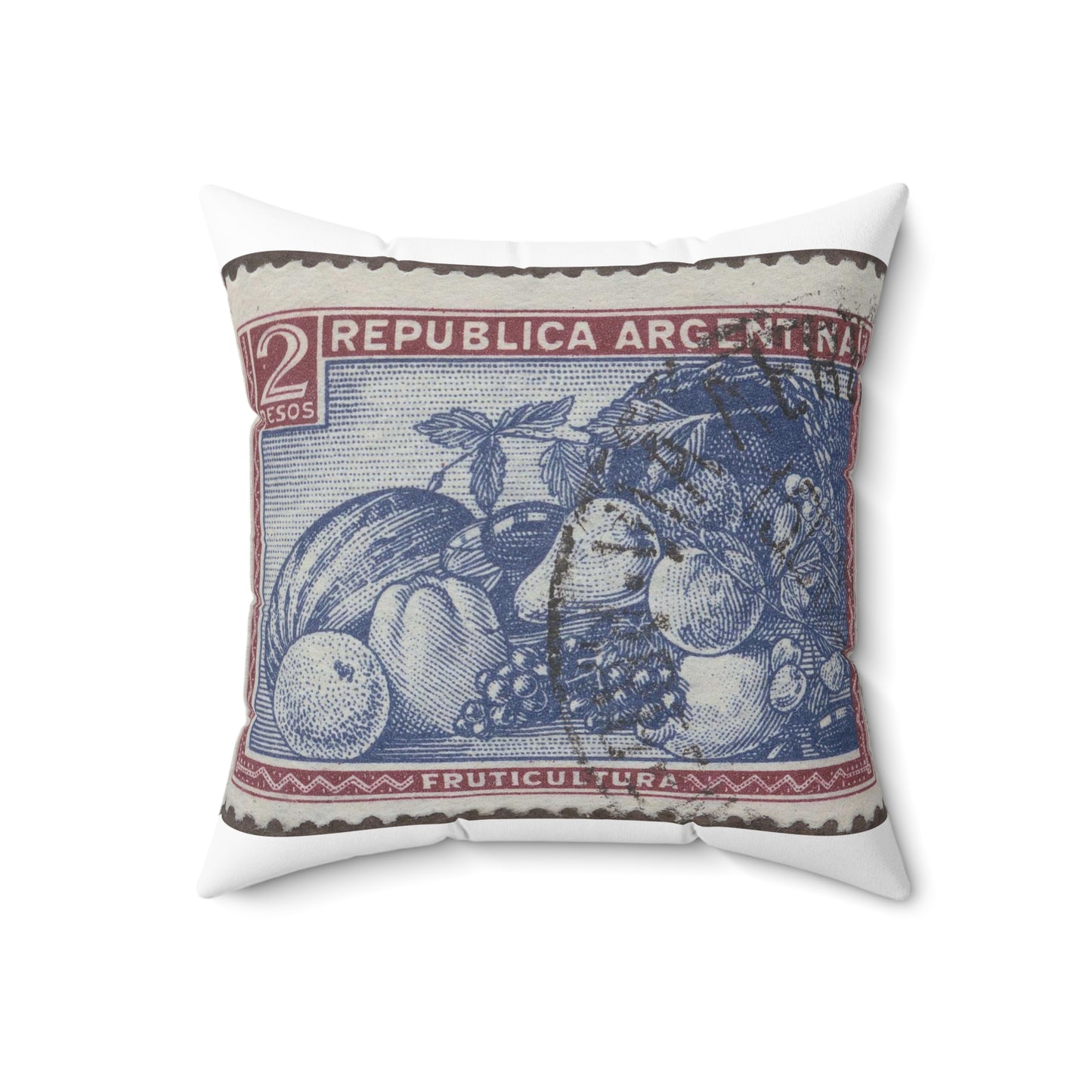 Frimärke ur Gösta Bodmans filatelistiska motivsamling, påbörjad 1950.Frimärke från Argentina, 1935. Motiv av diverse subtrpiska frukter. Decorative Accent Square Pillow