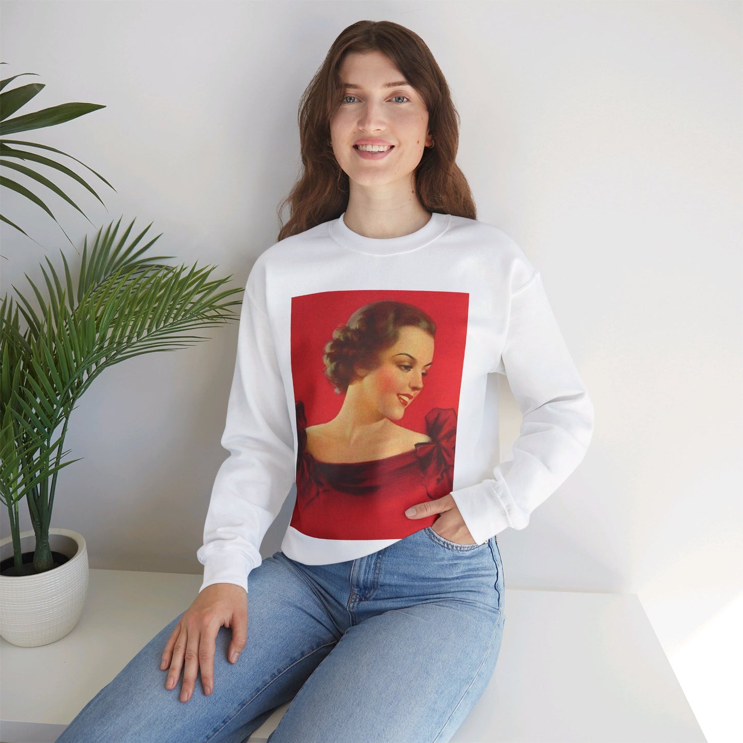 Brunette girl head, red background, painting by Edward Mason Eggleston White Heavy Blend Adult Crew Neck SweatShirt