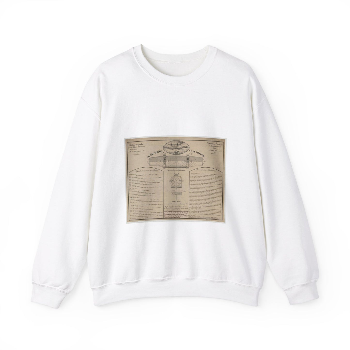 Patent drawing - Aérostat dirigeable système Vaussin Chardanne, brevet ... Nouveaux procédés de direction aérienne présenté à lʹInstitut de France, 1852 Public domain  image White Heavy Blend Adult Crew Neck SweatShirt