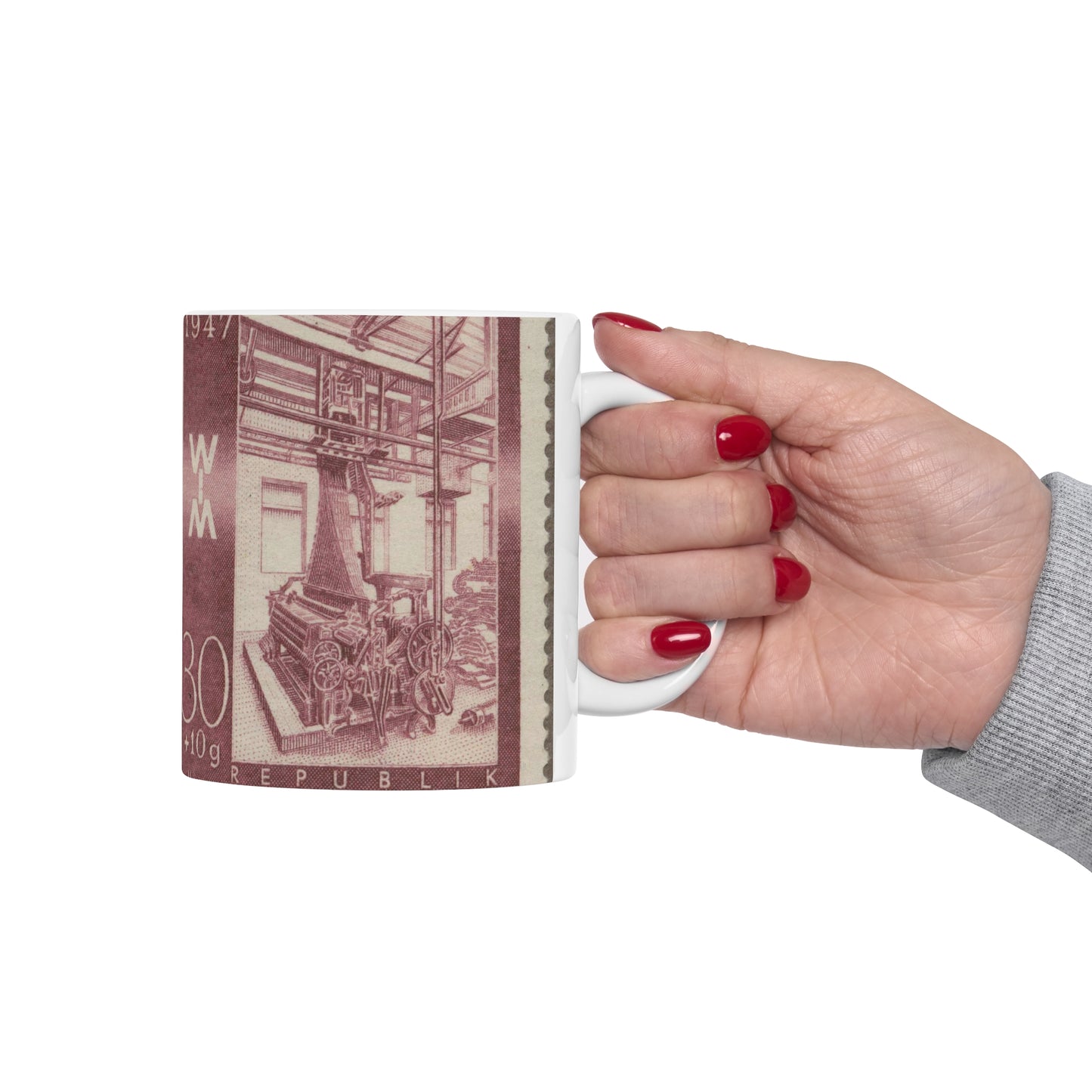 Frimärke ur Gösta Bodmans filatelistiska motivsamling, påbörjad 1950.Frimärke från Österrike, 1947. Motiv av jacquardvävstol i Österrike 1947. "Wienermässan 1947" Beautiful Novelty Ceramic Coffee Mug 11oz