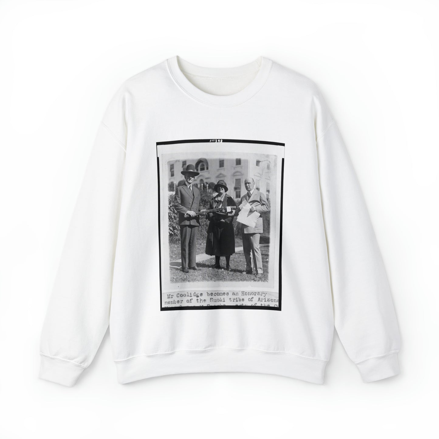 Mr. Coolidge becomes an honorary member of the Smoki [i.e., Hopi] tribe of Arizona--Miss Grace M. Sparks, Secty. of the Chamber of Commerce of Prescott, Ariz. and H.M. Watkins, Secty. of the Chamber of Phoenix White Heavy Blend Adult Crew Neck SweatShirt