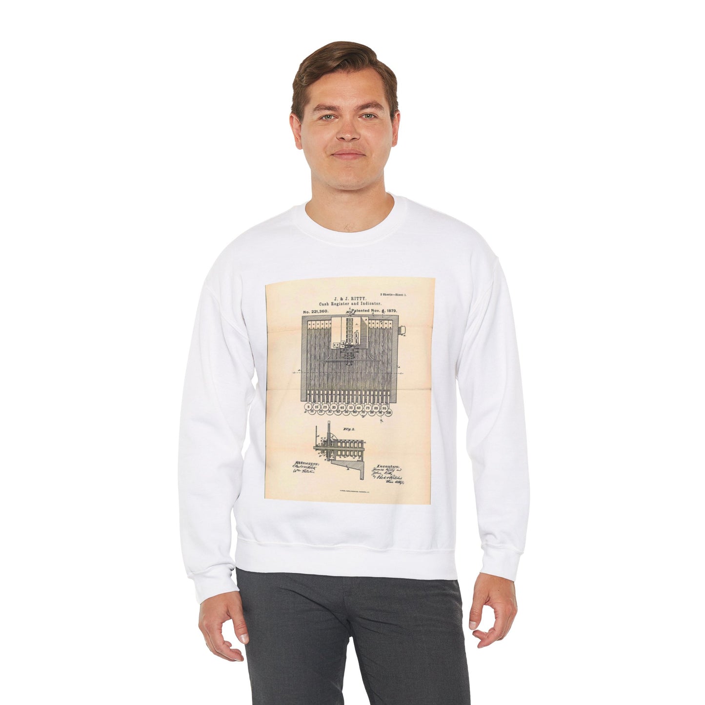 Patent Case File No. 221,360, Improvement in Cash Register and Indicator, Inventors James Ritty and John Ritty - DPLA - 97a8d8a47b402db2ecfd9cac6a3dd8e6 (page 50) White Heavy Blend Adult Crew Neck SweatShirt