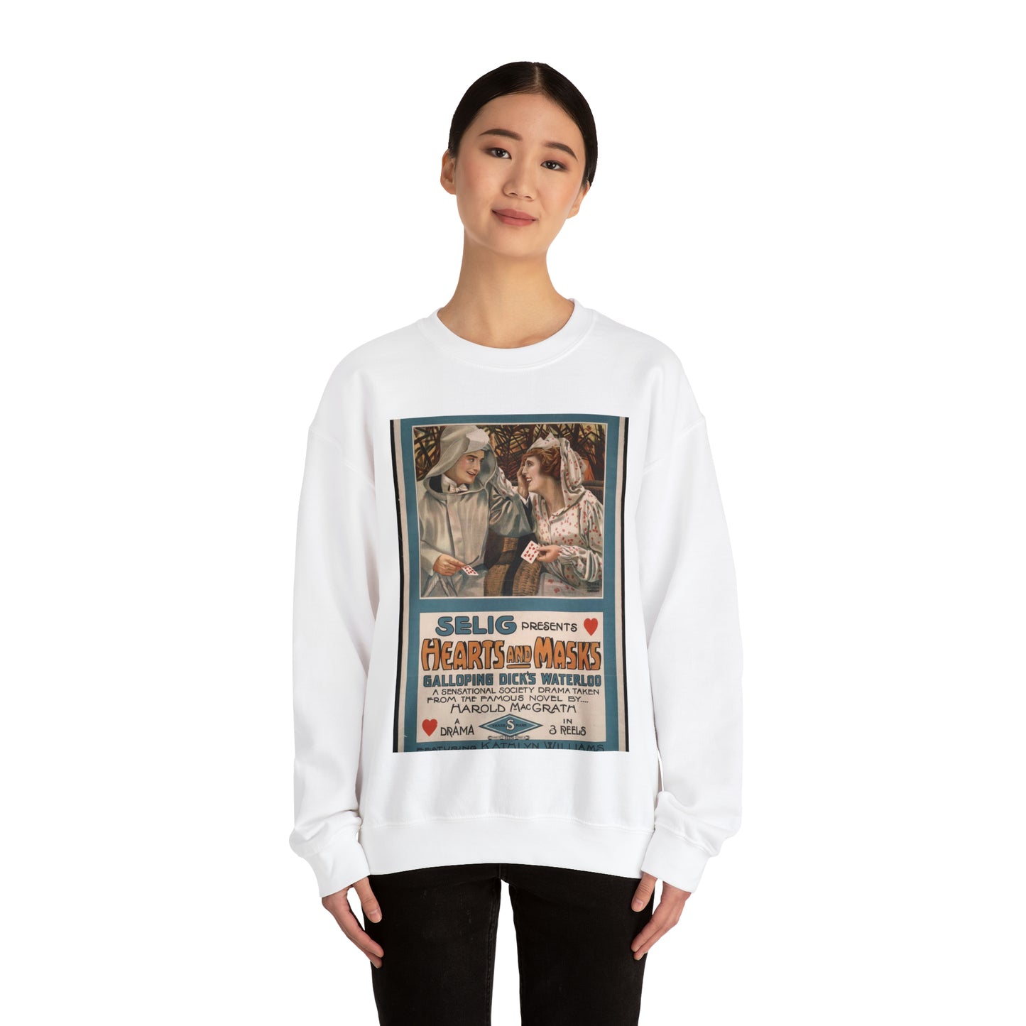 Selig presents hearts and masks Galloping Dick's waterloo, a sensational society drama taken from the famous novel by Harold MacGrath. White Heavy Blend Adult Crew Neck SweatShirt