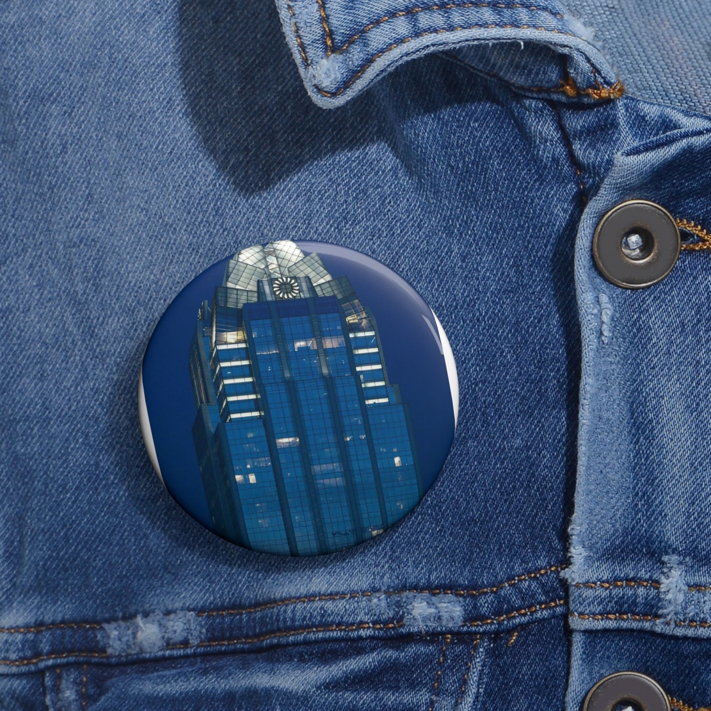 The upper reaches of Frost Bank Tower, a prominent Austin, Texas, skyscraper Pin Buttons with Crisp Design