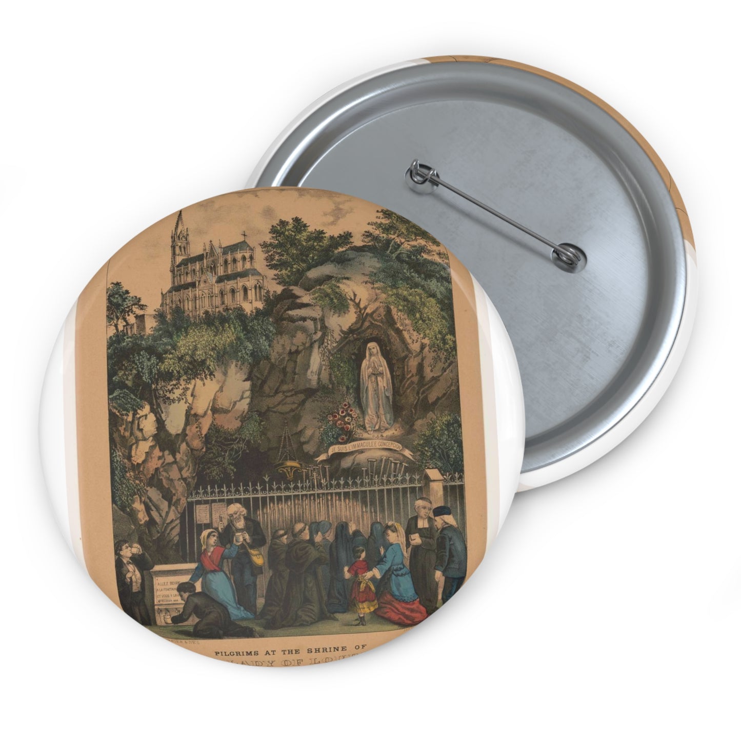 Pilgrims at the Shrine of Our Lady of Lourdes Pin Buttons with Crisp Design