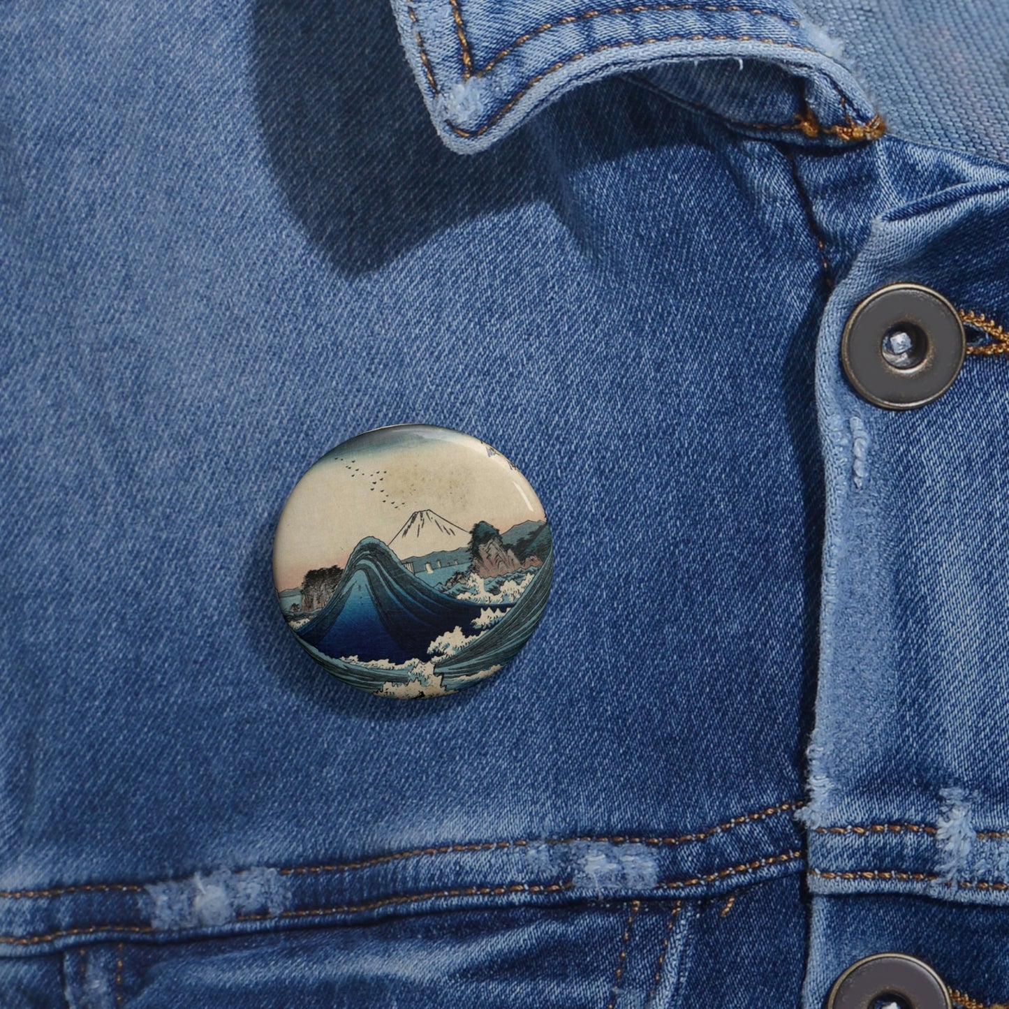 Mount Fuji seen through the waves at Manazato no hama, in the Izu Penisula, south of the mountain. Colour woodcut by Hiroshige, 1852 Pin Buttons with Crisp Design