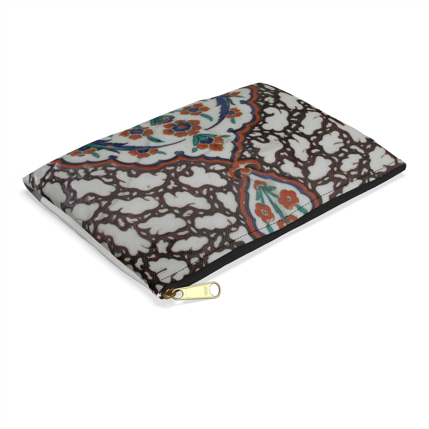 Tile with Floral Cartouche Design on Ebru (Marble Imitation Pattern) Background Large Organizer Pouch with Black Zipper