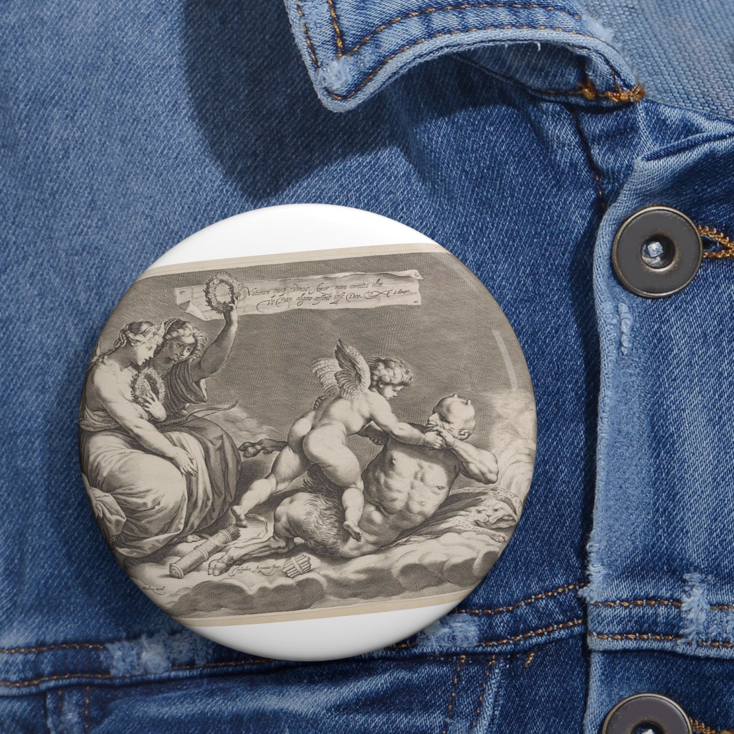 Cupid wrestling with Pan, amongst the clouds, with two allegorical women seated at left Pin Buttons with Crisp Design