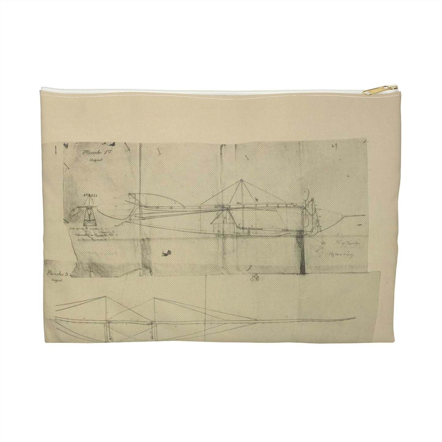 Patent drawing - Planche I et II du brevet n° 111.574 pris en France le 16 février 1876, par Penaud et Gauchot, pour «Un aéro-plane ou appareil aérien volant». Public domain  image Large Organizer Pouch with Black Zipper