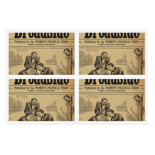 Votes for Women Broadside with graphic of men rocking cradle Laminated UV Protective Vinyl Stickers