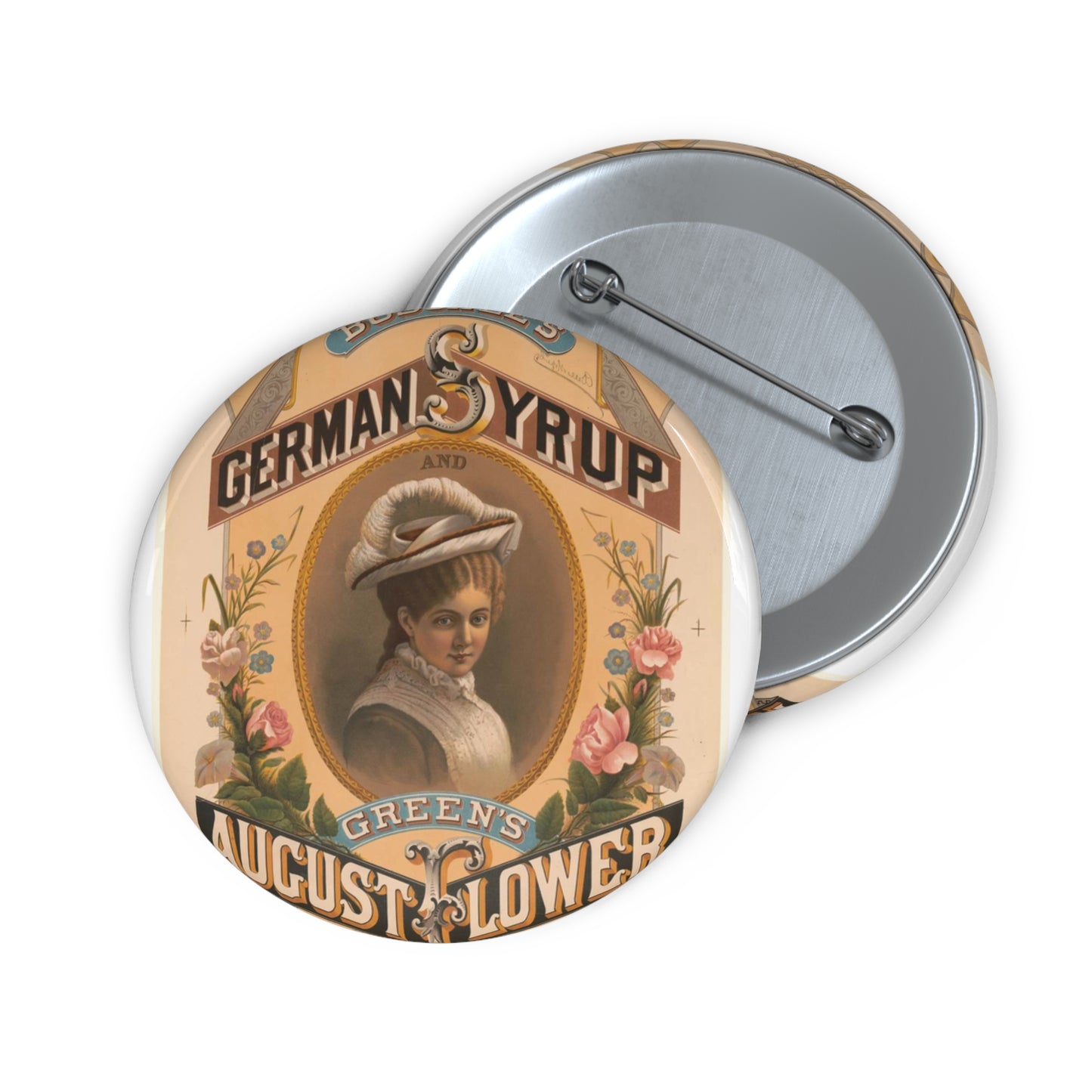 Boschee's German syrup and Green's August flowers Pin Buttons with Crisp Design