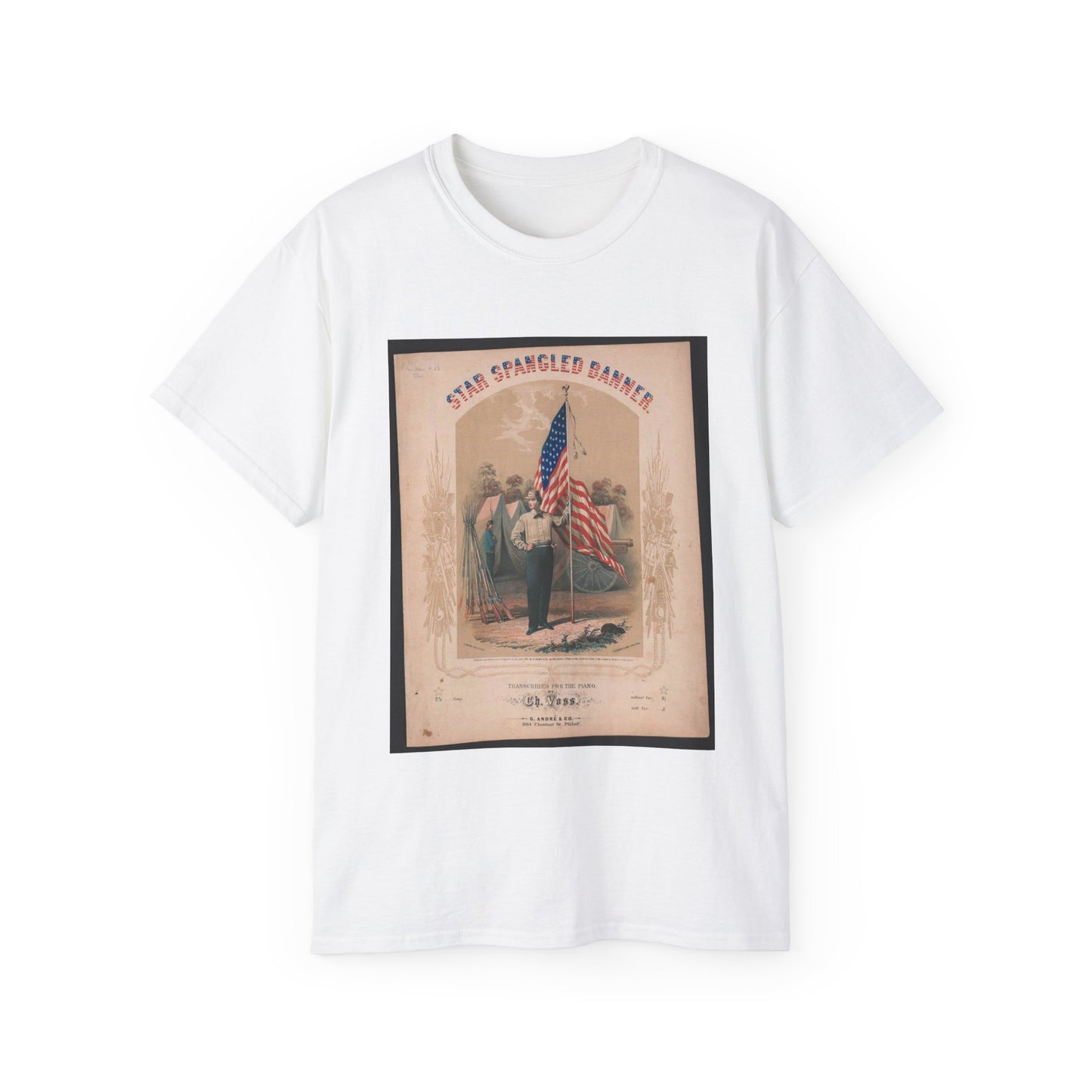 Star spangled banner Transcribed for the piano by Ch. Voss / / J. Queen del. & lith. ; P.S. Duval & Son Lith. Philadelphia. White T-Shirt Gildan 2000 Cotton Unisex