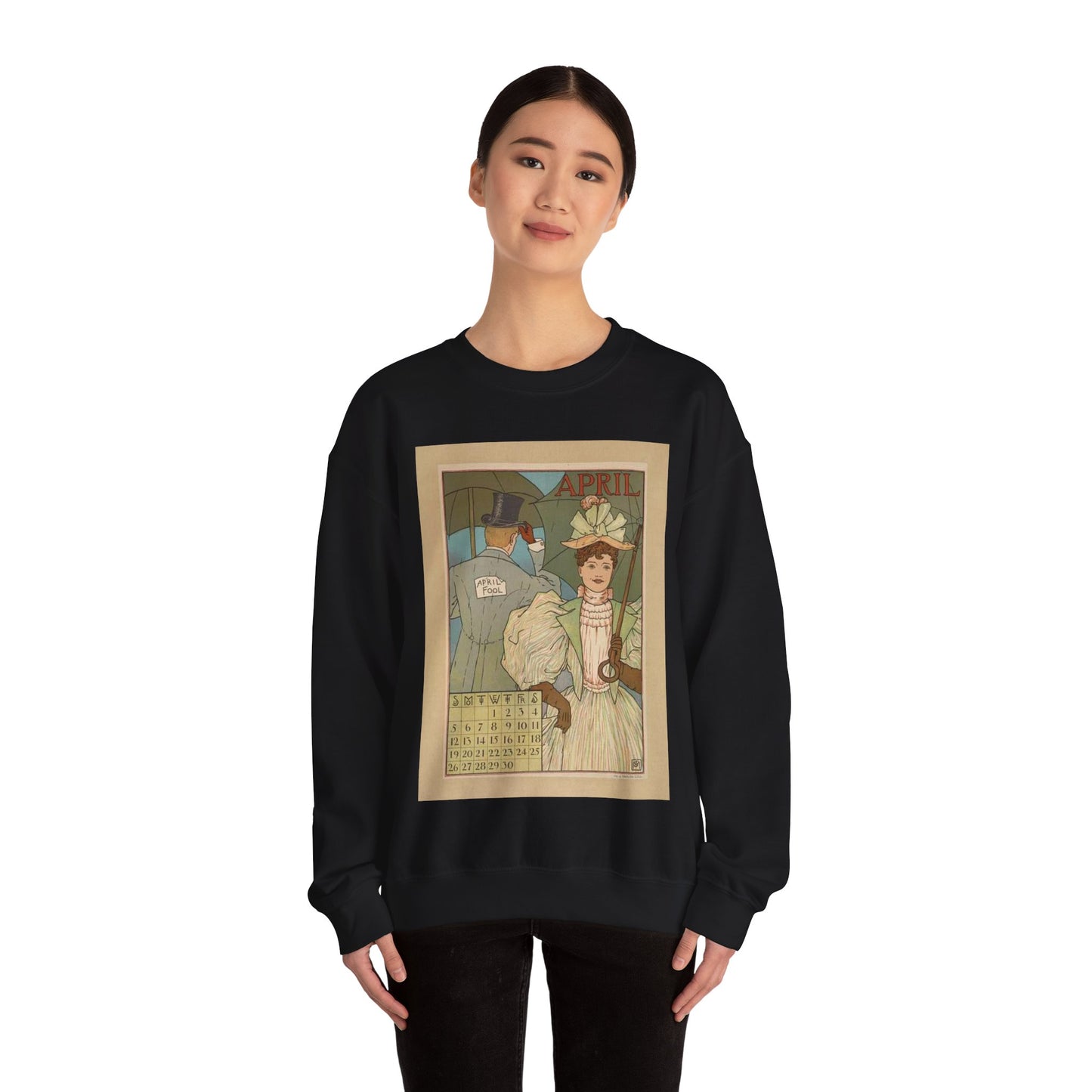April, Art Nouveau Poster - Art nouveau public domain poster Black Heavy Blend Adult Crew Neck SweatShirt