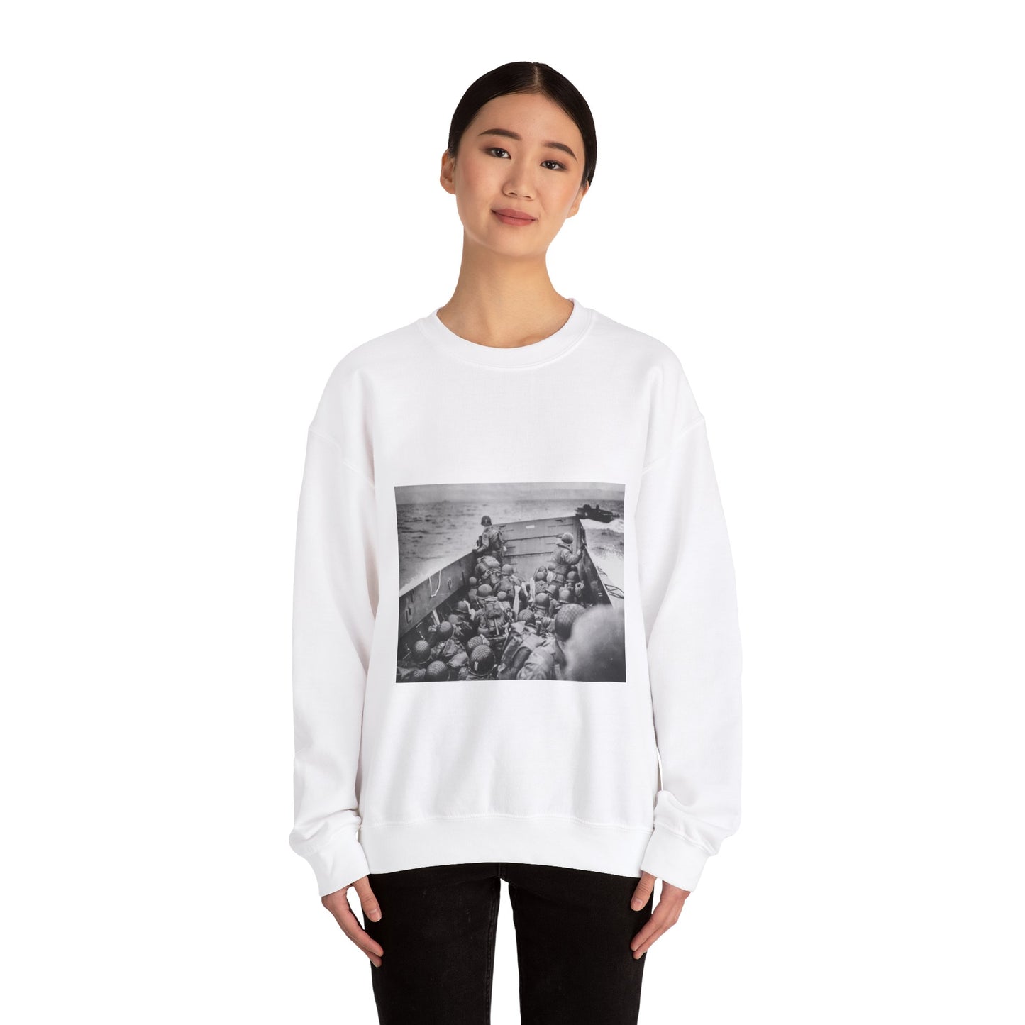 Photograph of Soldiers Crouching Behind the Bulwarks of a Coast Guard Landing Barge White Heavy Blend Adult Crew Neck SweatShirt