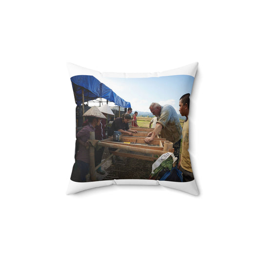 Local workers gather around Dr. Kimberly Maeyama, Defense Decorative Accent Square Pillow