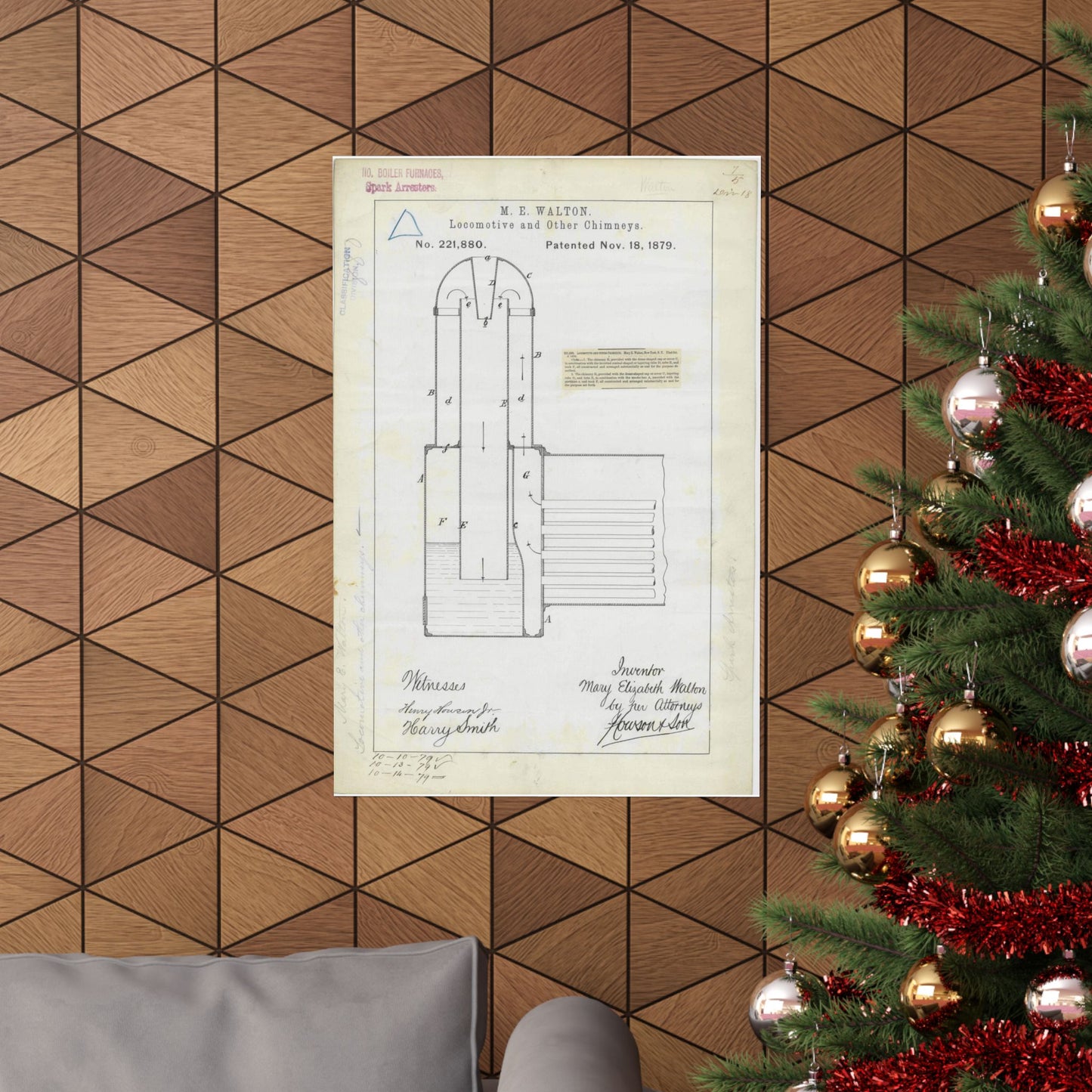 Patent Drawing of Engine - for M. E. Walton's Locomotive and Other Chimneys Public domain  image High Quality Matte Wall Art Poster for Home, Office, Classroom