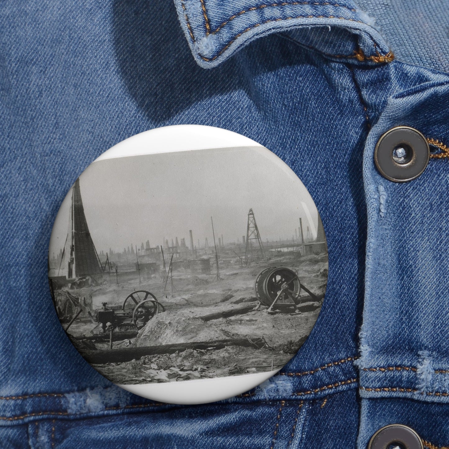 Baku. Oil production. - Drawing. Public domain image. Pin Buttons with Crisp Design