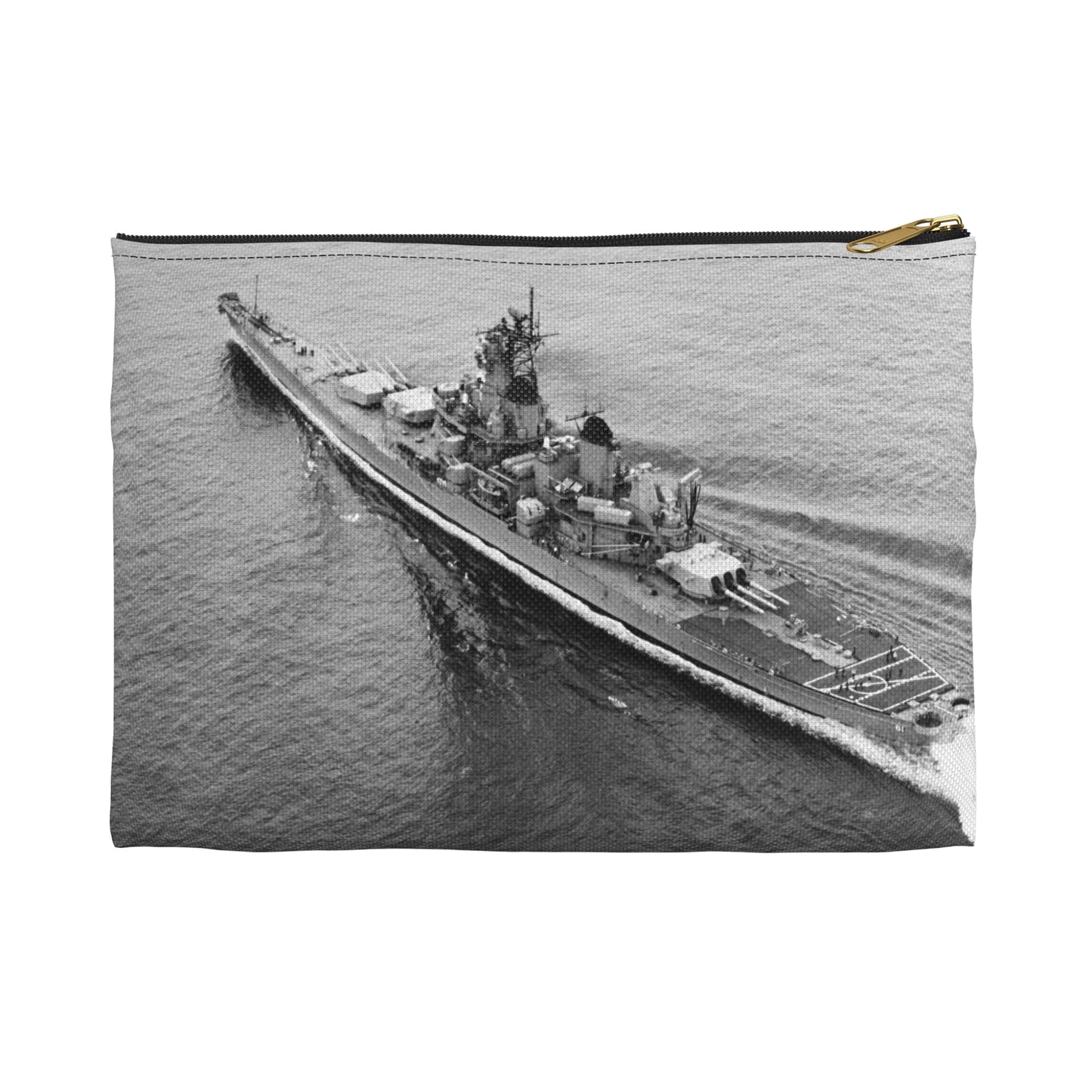 An elevated port quarter view of the battleship USS IOWA (BB 61) underway during sea trials Large Organizer Pouch with Black Zipper