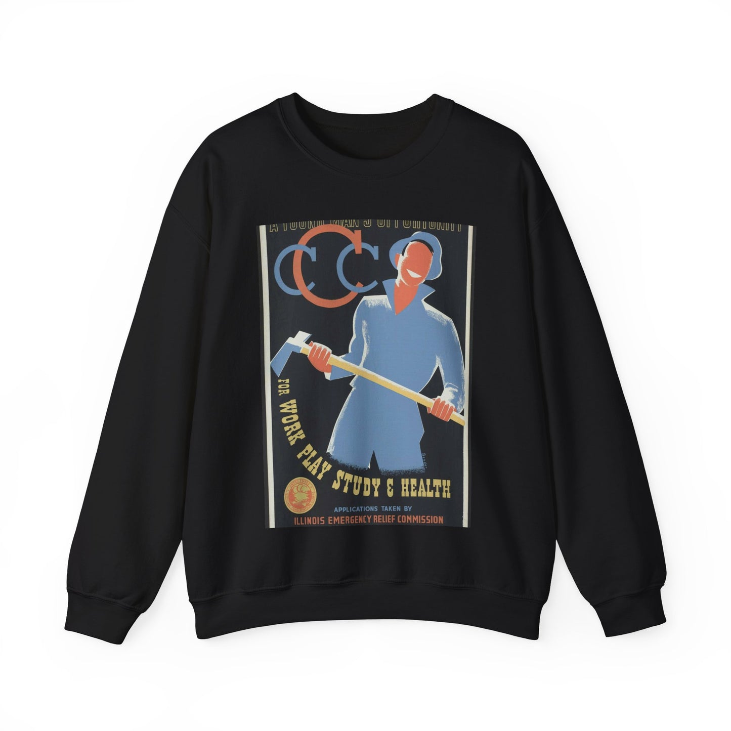 A young man's opportunity for work, play, study & health / Bender ; made by Illinois WPA Art Project, Chicago. Black Heavy Blend Adult Crew Neck SweatShirt