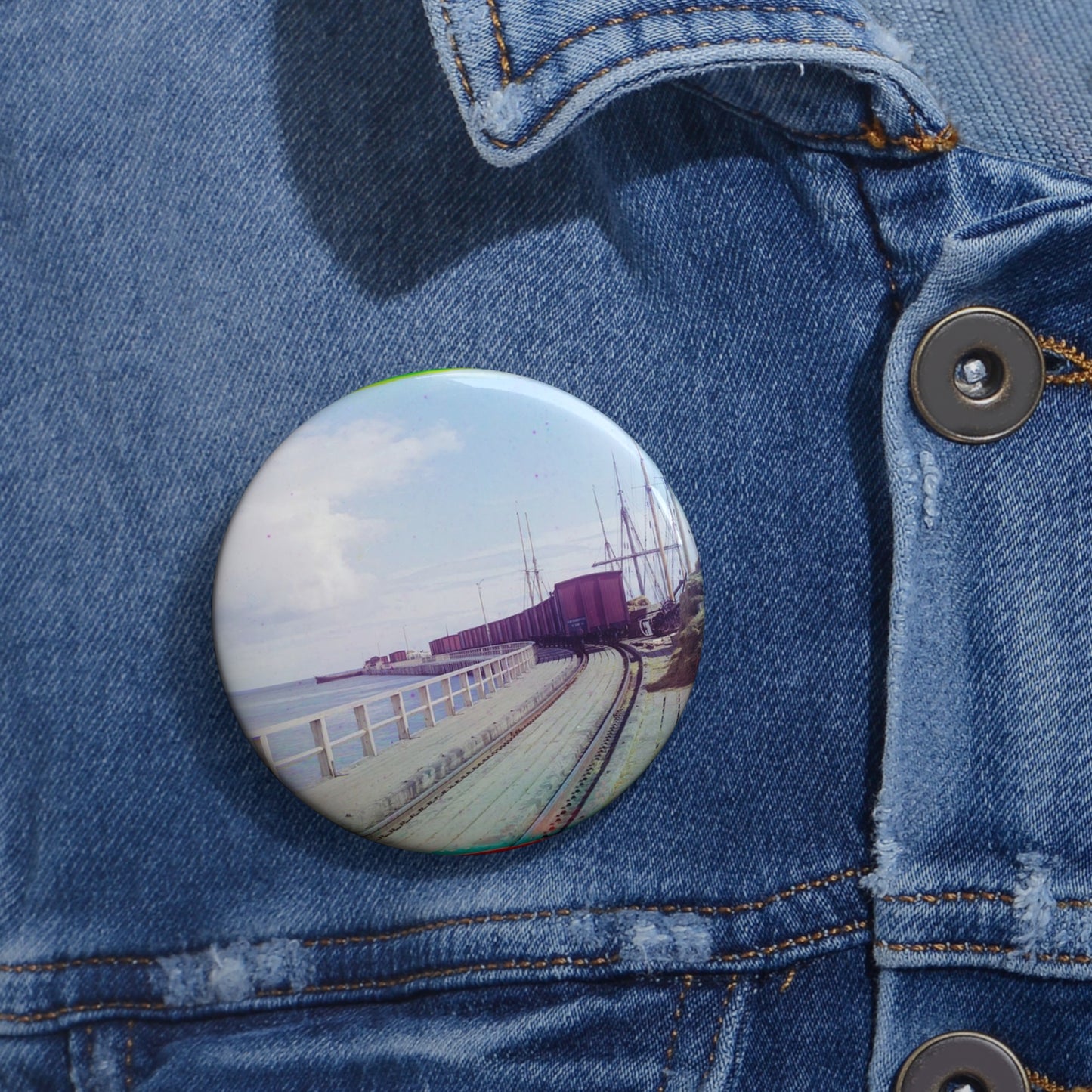 Sorochya Bay. Railroad dam in the Soroka inlet.  Arkhangelsk Province, Russia.  Pin Buttons with Crisp Design