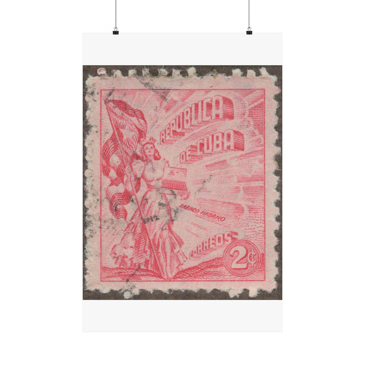 Frimärke ur Gösta Bodmans filatelistiska motivsamling, påbörjad 1950.Frimärke från Cuba, 1948. Motiv av kvinnosymbol för friheten med cigrarrlåda och flagga. High Quality Matte Wall Art Poster for Home, Office, Classroom