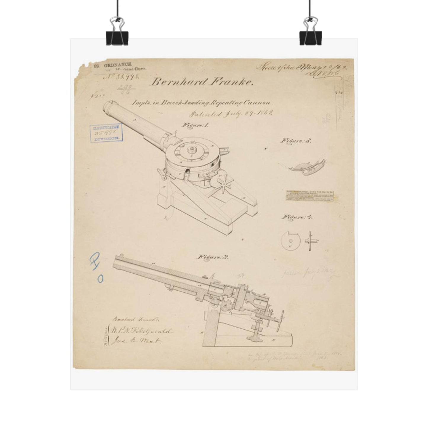 Patent drawing - Drawing of Improvements in Breech-Loading Repeating Cannon Public domain  image High Quality Matte Wall Art Poster for Home, Office, Classroom