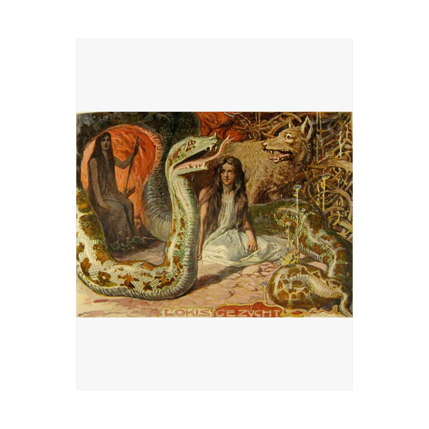Lokis Gezücht - A painting of a woman sitting in front of a snake High Quality Matte Wall Art Poster for Home, Office, Classroom