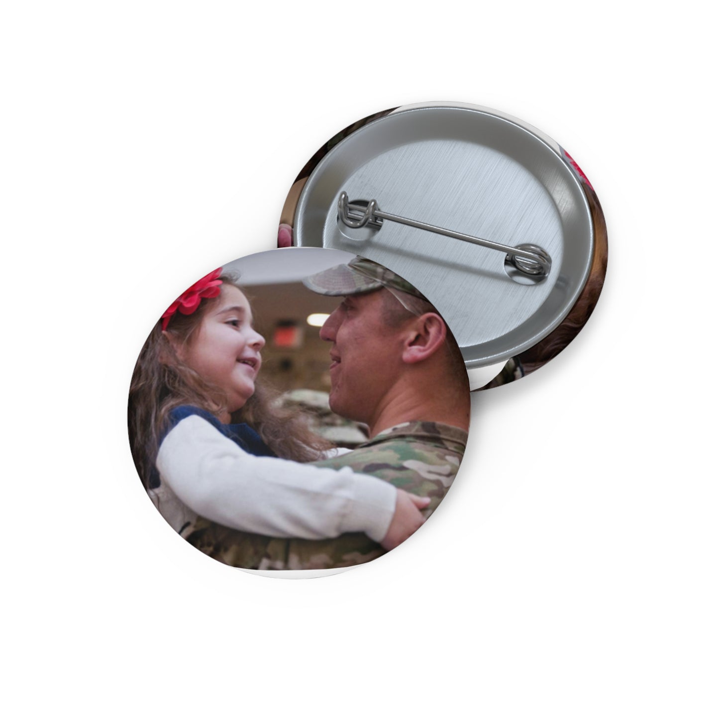 Olivia Settles greets her dad, 1st Lt. James Settles, Pin Buttons with Crisp Design