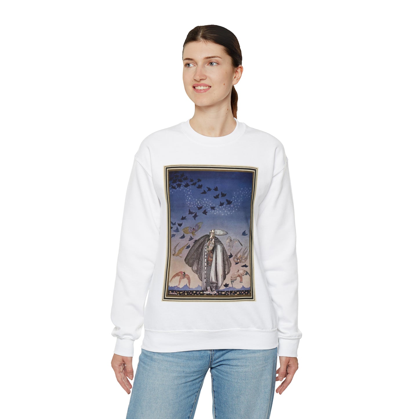 ‘No sooner had he whistled than he heard a whizzing and a whirring from all quarters, and such a large flock of birds swept down that they blackened all the field in which they settled’ (6278219321) White Heavy Blend Adult Crew Neck SweatShirt