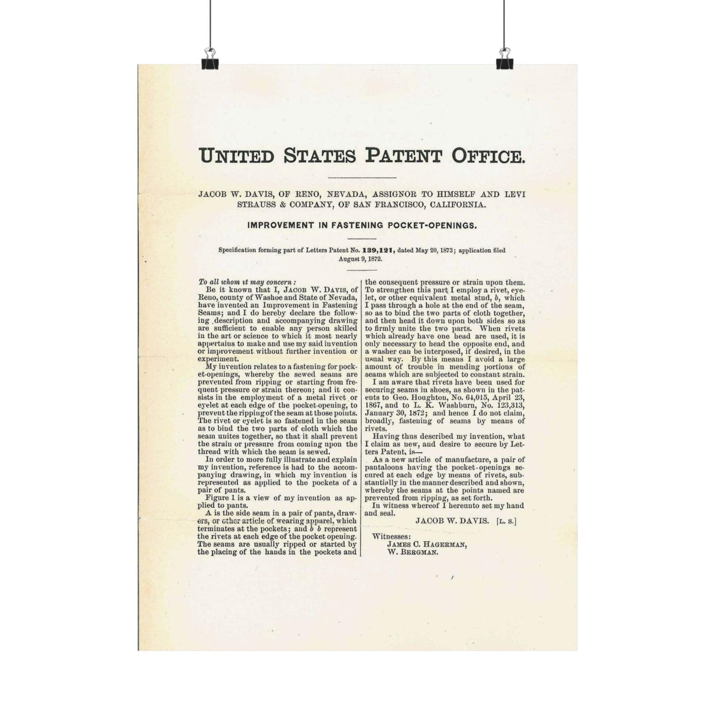 Patent Case File No. 139,121, Improvement in Fastening Pocket Openings, Inventor- Jacob W. Davis - DPLA - afb017b06366ded5b3d9735cb413b735 (page 29) High Quality Matte Wall Art Poster for Home, Office, Classroom