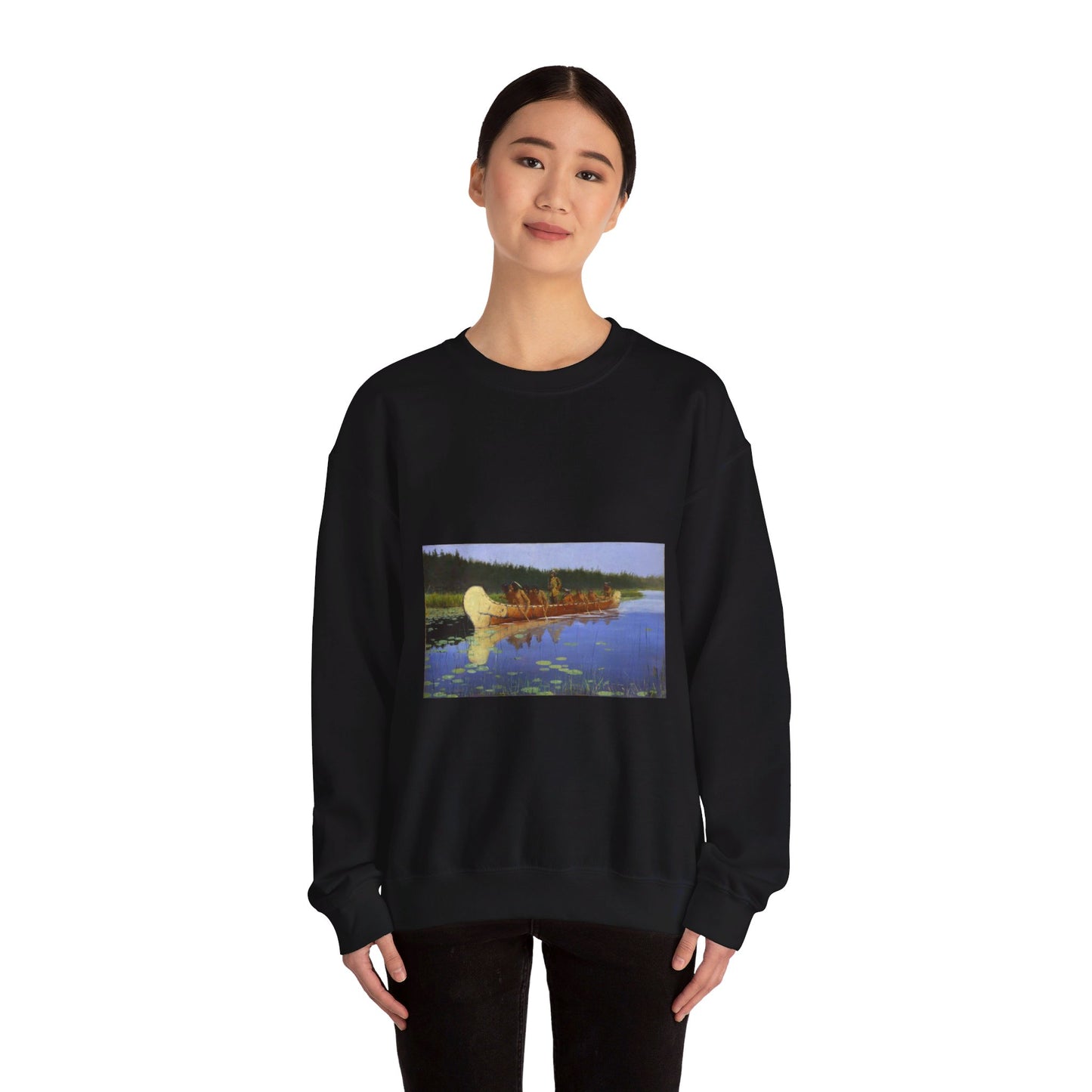 Frederic Remington - Radisson and Groseilliers Black Heavy Blend Adult Crew Neck SweatShirt