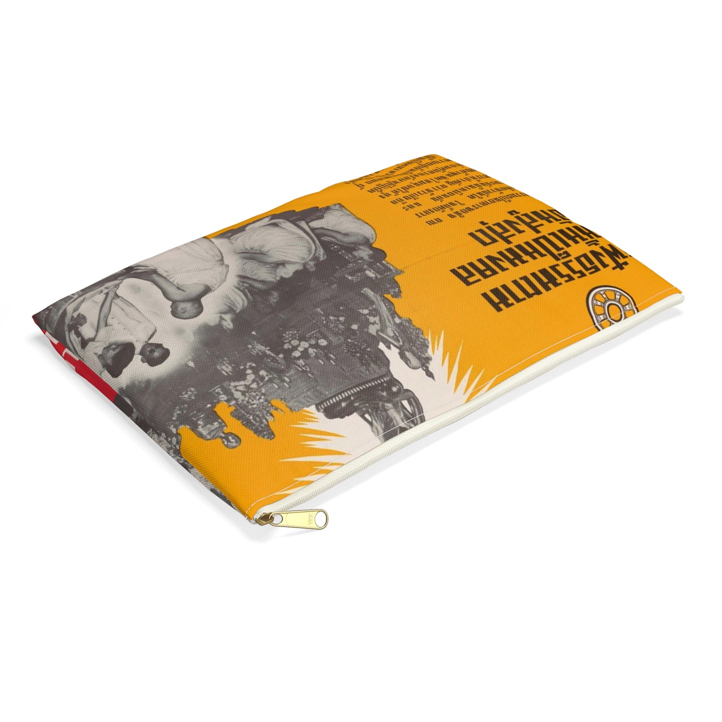 Communist Threat to Religion - A red and yellow poster with pictures of people Large Organizer Pouch with Black Zipper