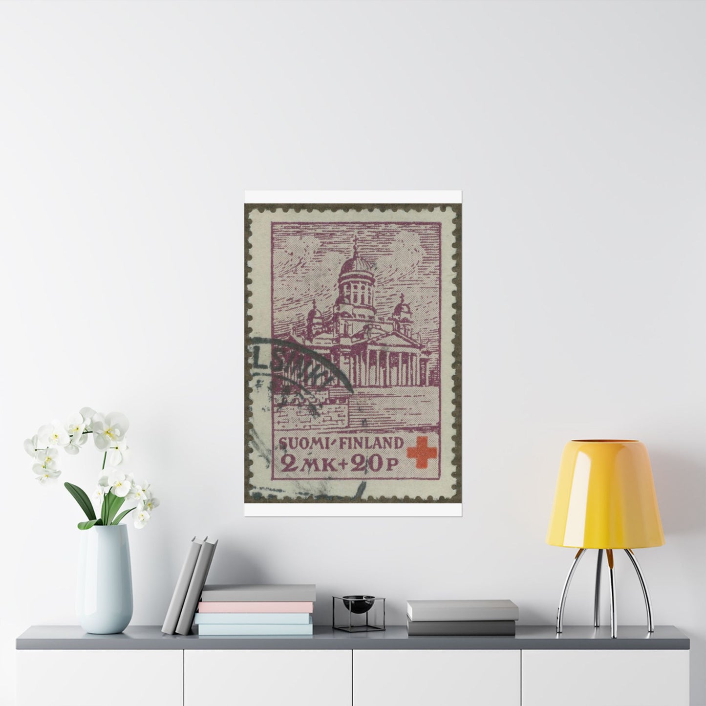 Frimärke ur Gösta Bodmans filatelistiska motivsamling, påbörjad 1950.Frimärke från Finland 1932. Motiv av St. Nicolaus Katedralen i Helsningfors. High Quality Matte Wall Art Poster for Home, Office, Classroom