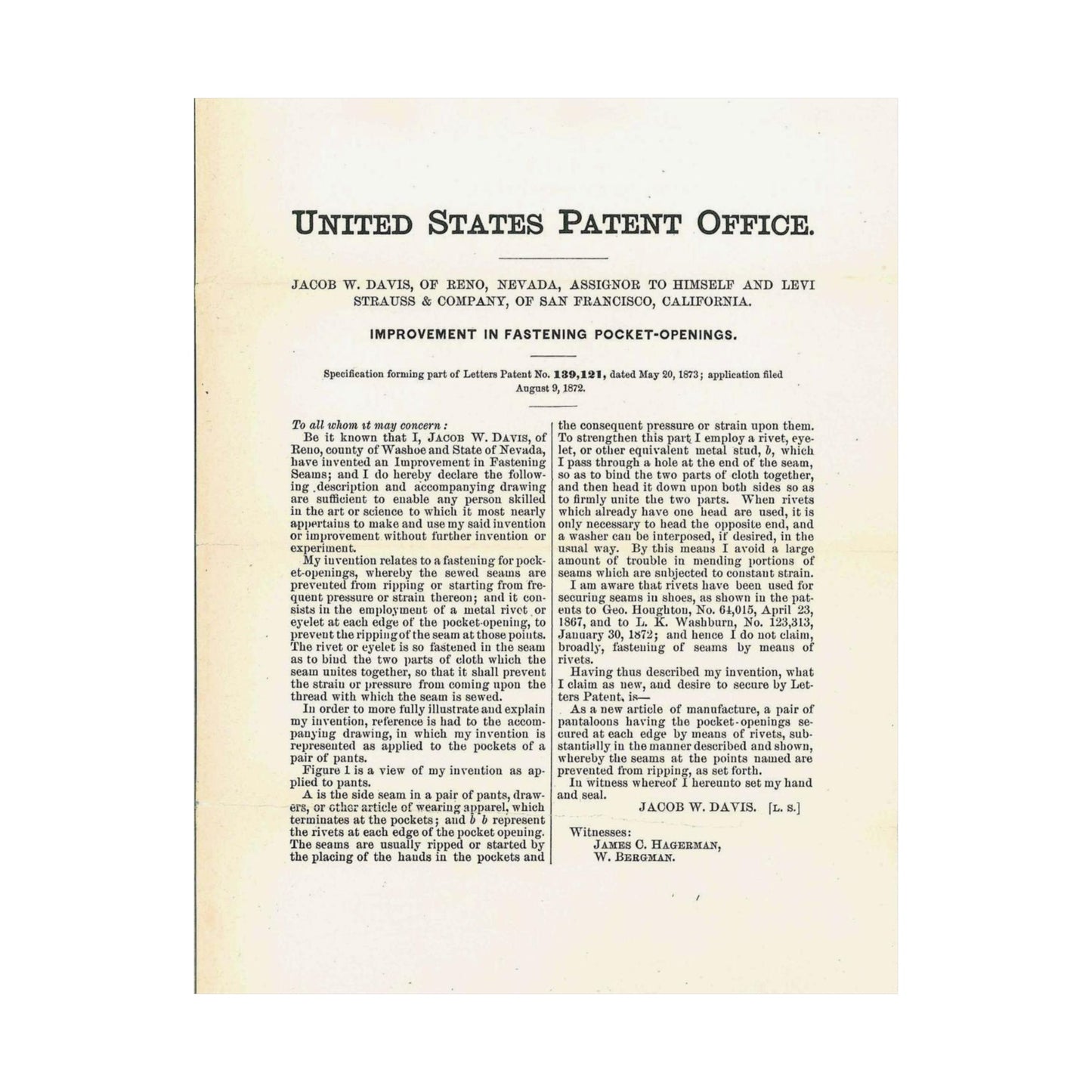 Patent Case File No. 139,121, Improvement in Fastening Pocket Openings, Inventor- Jacob W. Davis - DPLA - afb017b06366ded5b3d9735cb413b735 (page 29) High Quality Matte Wall Art Poster for Home, Office, Classroom