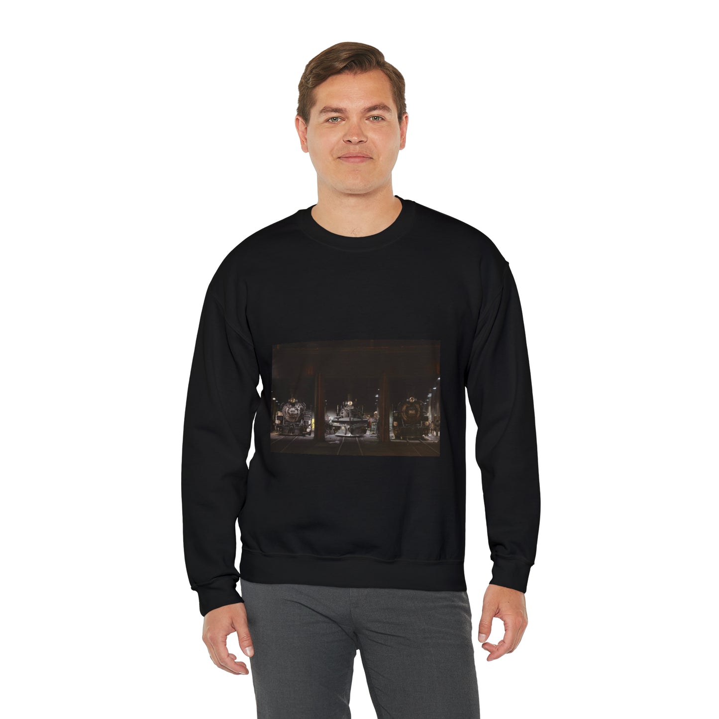 Steam locomotives in the roundhouse of the Durango & Silverton Narrow Gauge Scenic Railroad in Durango, Colorado Black Heavy Blend Adult Crew Neck SweatShirt