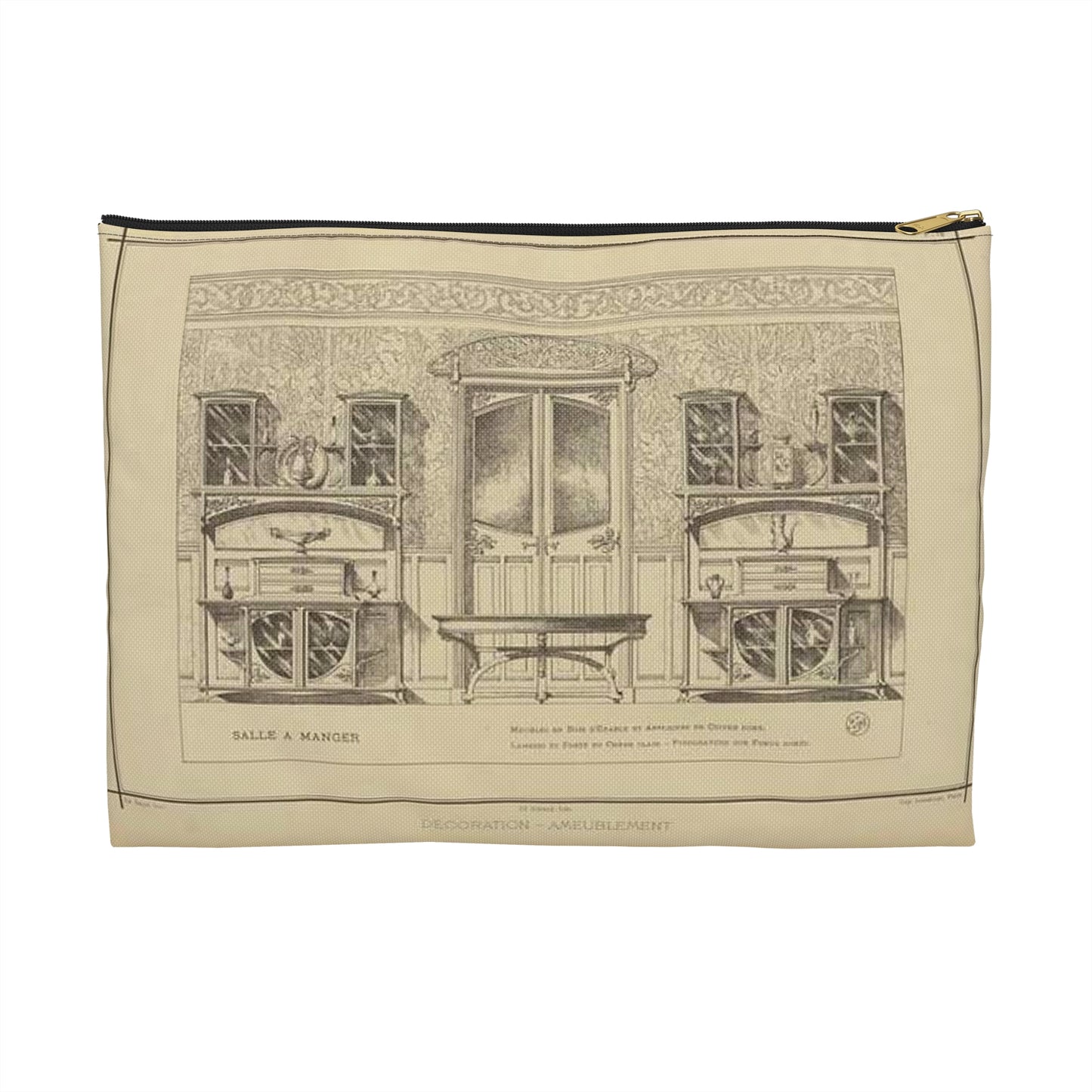 Salle à manger : meubles en bois d'erable et appliques en cuivre doré. Mabris et porte en chêne clair. - Pyrogravure sur fond dorés. Large Organizer Pouch with Black Zipper