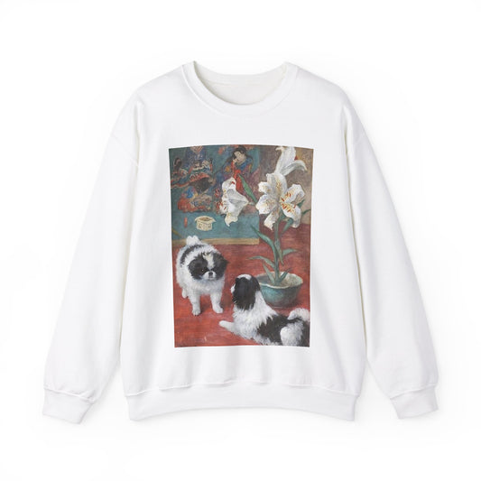 Two Japanese Chins in an interior by Frances C. Fairman White Heavy Blend Adult Crew Neck SweatShirt